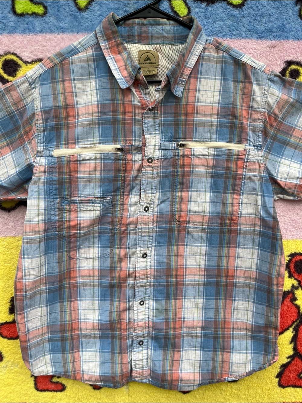 Excursion Casual Plaid Short-Sleeve Shirt in Blue & coral